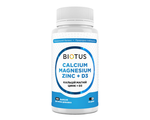 Кальций, магний, цинк + D3, Calcium, Magnesium, Zinc + D3, Biotus, 100 капсул