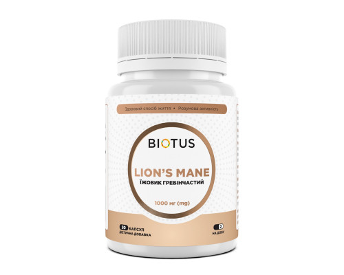 Ежовик гребенчатый, Lion's Mane, Biotus, 1000 мг, 30 капсул