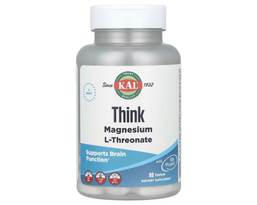 Магний L-треонат, Magnesium L-Threonate, KAL, для мозга, 2000 мг, 60 таблеток
