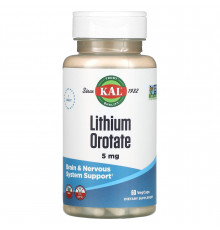 Литий, Lithium Orotate, KAL, 5 мг, 60 капсул