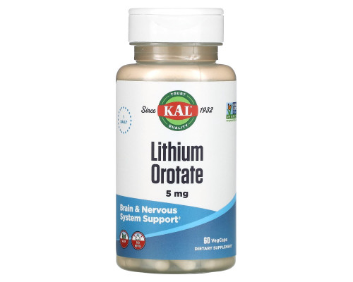 Литий, Lithium Orotate, KAL, 5 мг, 60 капсул