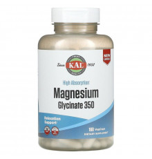 Магний глицинат, Magnesium Glycinate, KAL, высокая абсорбция, 350 мг, 160 вегетарианских капсул