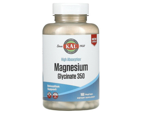 Магний глицинат, Magnesium Glycinate, KAL, высокая абсорбция, 350 мг, 160 вегетарианских капсул