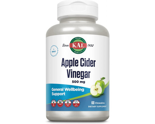 Яблочный уксус, Apple Cider Vinegar, KAL, вкус зеленого яблока, 500 мг, 60 жевательных таблеток