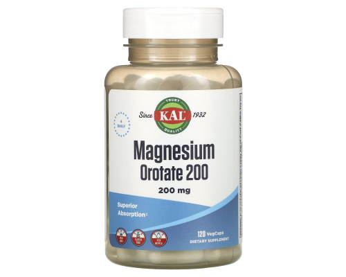 Оротат магния, Magnesium Orotate 200, KAL, 200 мг, 120 вегетарианских капсул (50 мг на капсулу)