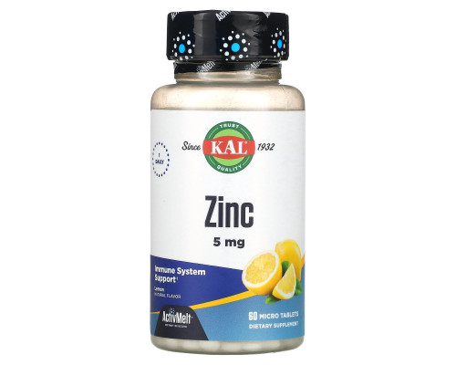Цинк вкус лимона, Zinc, KAL, 5 мг, 60 таблеток