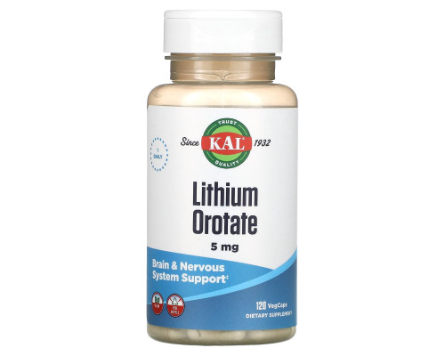 Литий, Lithium Orotate, KAL, 5 мг, 120 капсул