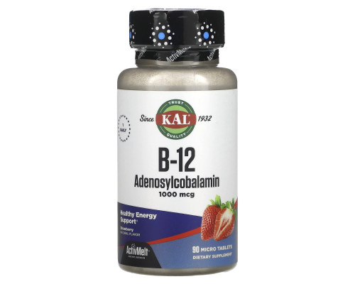 Витамин В12 аденозилкобаламин, B-12 Adenosylcobalamin, KAL, клубника, 1000 мкг, 90 таблеток