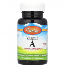 Витамин А, Vitamin A, Carlson, 7500 мкг RAE (25 000 МЕ), 100 гелевых капсул