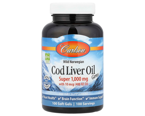 Рыбий жир из печени трески, Cod Liver Oil, Carlson, норвежский, 1000 мг, 100 гелевых капсул