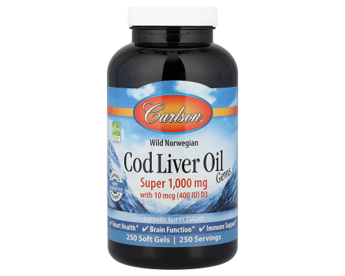 Рыбий жир из печени трески, Cod Liver Oil, Carlson, норвежский, 250 гелевых капсул