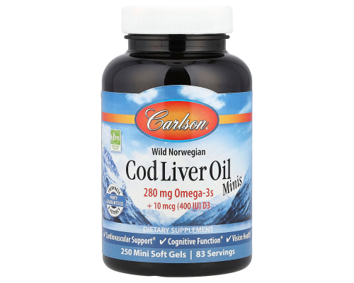 Рыбий жир, Cod Liver Oil, Carlson, норвежский, 250 мини гелевых капсул