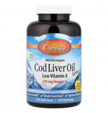 Рыбий жир из печени трески, Cod Liver Oil, Carlson, лимон, с низким содержанием витамина А, норвежский, 230 мг, 150 гелевых капсул