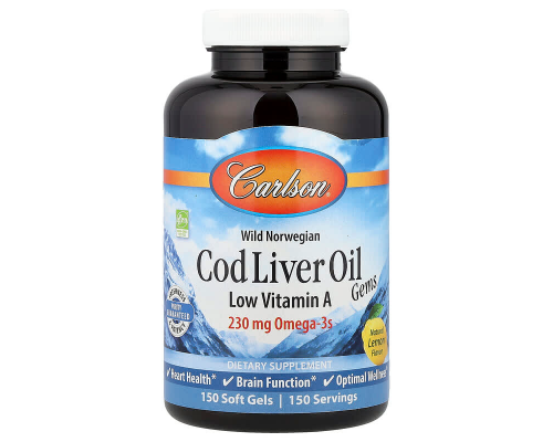 Рыбий жир из печени трески, Cod Liver Oil, Carlson, лимон, с низким содержанием витамина А, норвежский, 230 мг, 150 гелевых капсул