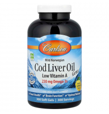 Рыбий жир из печени трески, Cod Liver Oil Gems, Carlson, лимон, с низким содержанием витамина А, 300 гелевых капсул