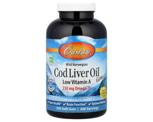 Рыбий жир из печени трески, Cod Liver Oil Gems, Carlson, лимон, с низким содержанием витамина А, 300 гелевых капсул