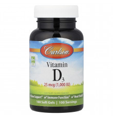 Вітамін D3, Vitamin D3, Carlson, 25 мкг (1000 МО), 100 гелевих капсул