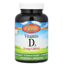 Вітамін D3, Vitamin D3, Carlson, 1000 МО (25 мкг), 250 гелевих капсул