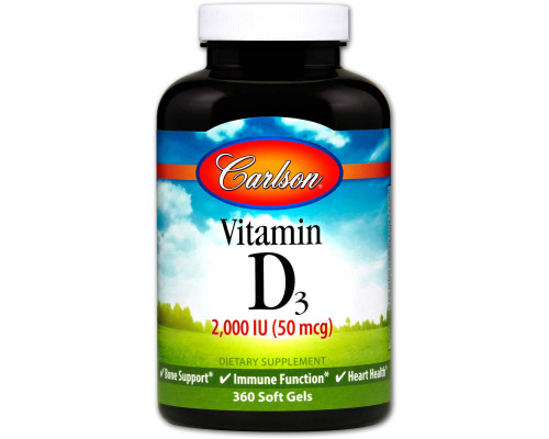 Вітамін D3, Vitamin D3, Carlson, 2000 МО (50 мкг), 360 гелевих капсул
