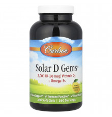 Витамин D3 + Омега-3, Solar D Gems, Carlson, вкус лимона, 360 гелевых капсул