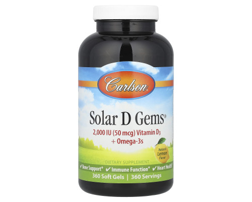 Витамин D3 + Омега-3, Solar D Gems, Carlson, вкус лимона, 360 гелевых капсул