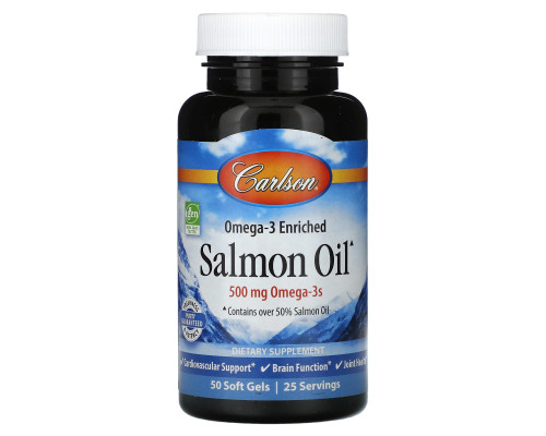Масло лосося, Омега-3, Omega-3 Enriched Salmon Oil, Carlson, норвежское, 250 мг, 50 гелевых капсул