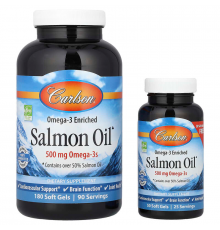 Лососевый жир, обогащенный Омега-3, Salmon Oil, Carlson, 500 мг, 180+50 гелевых капсул
