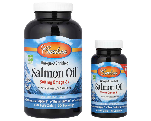 Лососевый жир, обогащенный Омега-3, Salmon Oil, Carlson, 500 мг, 180+50 гелевых капсул