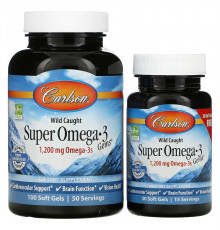 Рыбий жир, Super Omega·3, Carlson, из дикой природы, 100+30 гелевых капсул