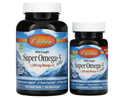 Рыбий жир, Super Omega·3, Carlson, из дикой природы, 100+30 гелевых капсул