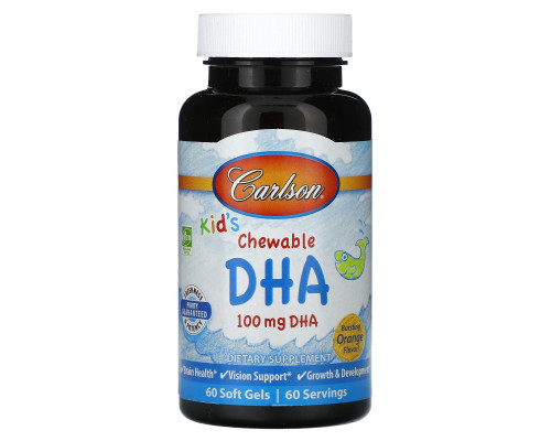 Рыбий жир для детей, Kids Chewable DHA, Carlson, апельсин, 100 мг, 60 гелевых капсул