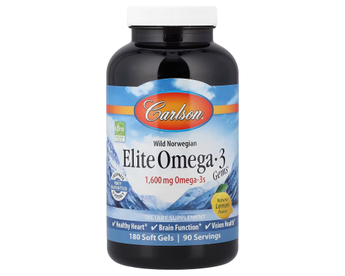 Рыбий жир Омега-3, Elite Omega-3, Carlson, лимон, норвежский, 1600 мг, 180 гелевых капсул (800 мг на 1 капсулу)