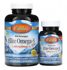 Омега-3, Elite Omega-3, Carlson, вкус лимона, норвежский, 800 мг, 90+30 капсул