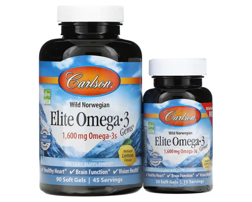 Омега-3, Elite Omega-3, Carlson, вкус лимона, норвежский, 800 мг, 90+30 капсул