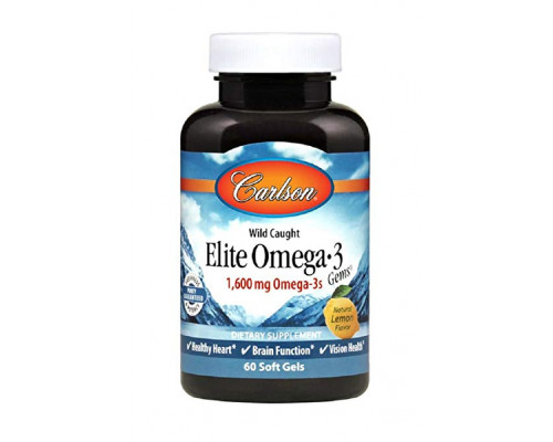Рыбий жир Омега-3, Elite Omega-3, Carlson, лимон, норвежский, 1600 мг, 60 гелевых капсул