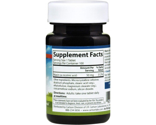 Ніацин (Вітамін В3), Niacin, Carlson, 50 мг, 100 таблеток