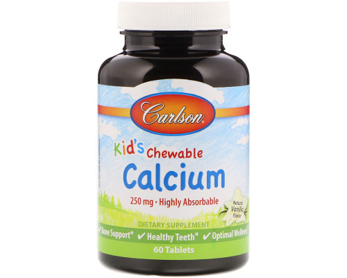 Кальций для детей, Chewable Calcium, Carlson, ваниль, 250 мг, 60 жевательных таблеток