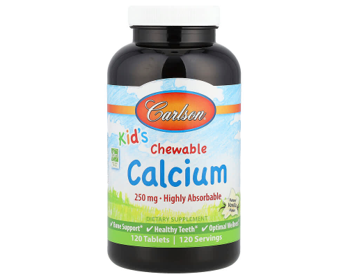 Жевательный кальций для детей, Kid's Chewable Calcium, Carlson, ваниль, 250 мг, 120 таблеток