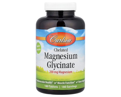 Магний глицинат хелатный, Chelated Magnesium Glycinate, Carlson, 200 мг, 180 таблеток