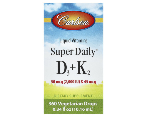 Витамин D-3 и Витамин К-2, Super Daily D3+K2, Carlson, жидкость, 50 мкг (2000 МЕ) и 45 мкг, 10,16 мл