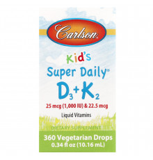 Витамин D-3 и Витамин К-2, для детей, Super Daily D3+K2, Carlson, жидкость, 25 мкг (1000 МЕ) и 22,5 мкг, 10,16 мл
