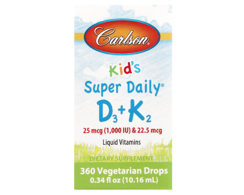 Витамин D-3 и Витамин К-2, для детей, Super Daily D3+K2, Carlson, жидкость, 25 мкг (1000 МЕ) и 22,5 мкг, 10,16 мл
