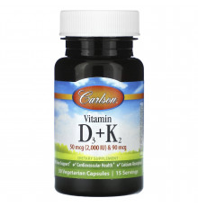 Витамин D3 и К2, Vitamin D3 + K2, Carlson, 30 вегетарианских капсул