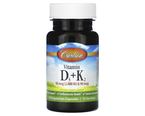 Витамин D3 и К2, Vitamin D3 + K2, Carlson, 30 вегетарианских капсул