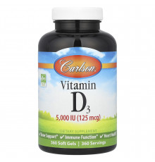 Витамин D-3, Vitamin D3, Carlson, 125 мкг (5000 МЕ), 360 гелевых капсул
