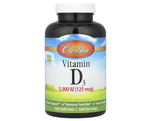 Витамин D-3, Vitamin D3, Carlson, 125 мкг (5000 МЕ), 360 гелевых капсул