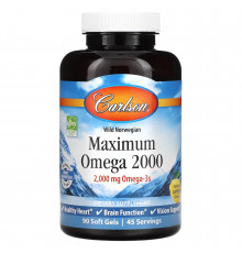 Омега, Maximum Omega, Carlson, Wild Norwegian, натуральний лимон, 2000 мг, 90 гелевих капсул (1000 мг на 1 капсулу)