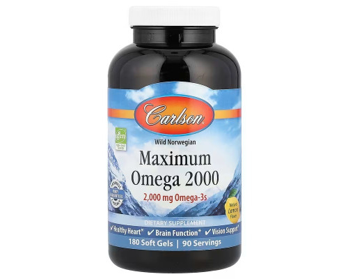 Омега, Maximum Omega, Carlson, Wild Norwegian, натуральный лимон, 2000 мг, 180 гелевых капсул (1000 мг на 1 капсулу)