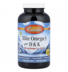 Омега 3 + витамин D3 и витамин К, Elite Omega-3 Plus D & K, Carlson, натуральный лимон, 180 гелевых капсул