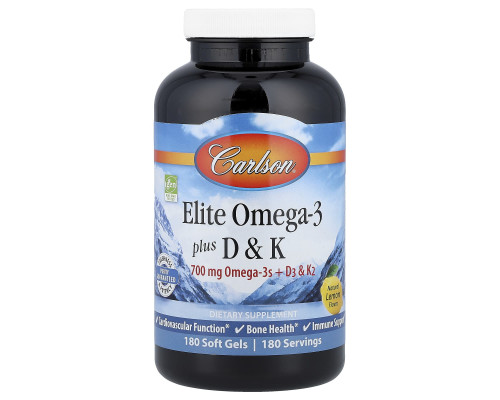 Омега 3 + витамин D3 и витамин К, Elite Omega-3 Plus D & K, Carlson, натуральный лимон, 180 гелевых капсул